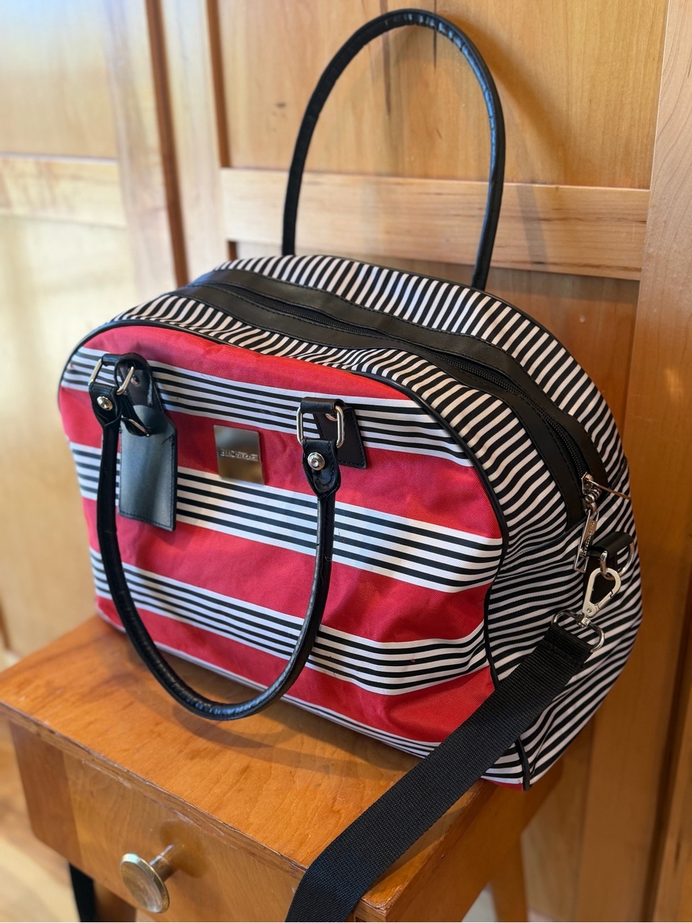 Isaac Mizrahi Red, Black & White Striped Overnight Bag